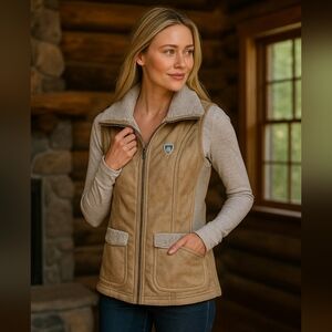 KÜHL Faux Suede Shearling Vest – Tan CabinCore Outdoor Style with Pockets